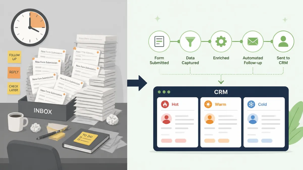 Illustration: a desk piled with unread form submissions in an inbox on the left, and on the right the same leads flowing from a form into a CRM, sorted into Hot, Warm and Cold