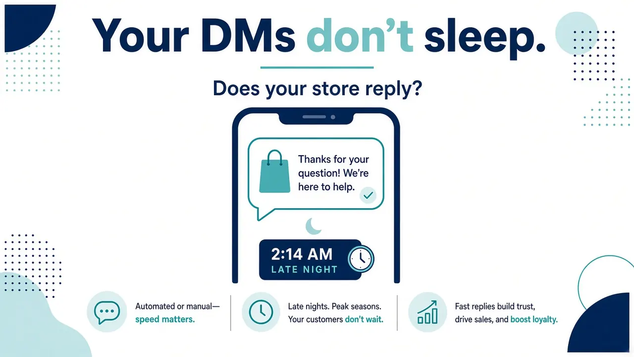 Graphic: Your DMs don't sleep. Does your store reply? A phone shows a DM at 2:14 AM answered automatically.
