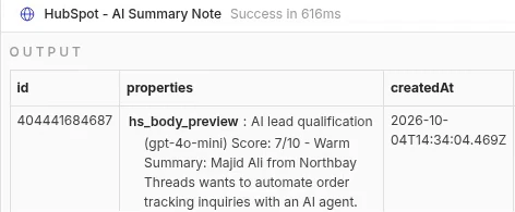 Output of the HubSpot AI Summary Note step in n8n: AI lead qualification (gpt-4o-mini), Score 7/10, Warm, summary: Majid Ali from Northbay Threads wants to automate order tracking inquiries with an AI agent