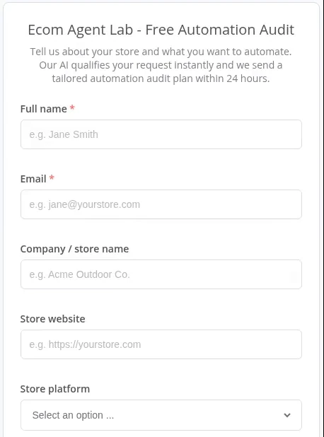 The n8n lead form Ecom Agent Lab - Free Automation Audit, with fields for full name, email, company or store name, store website and store platform